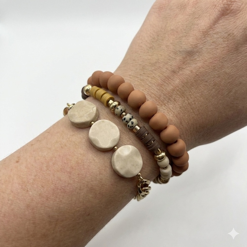 Universal Thread Tan Beaded Bracelet Set Genuine Stone Bohemian Chainlink